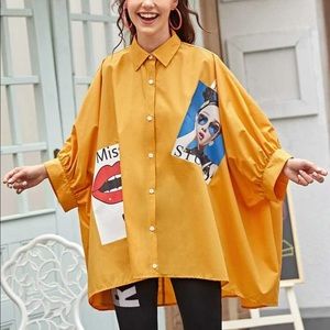 Oversized yellow button down w graphics